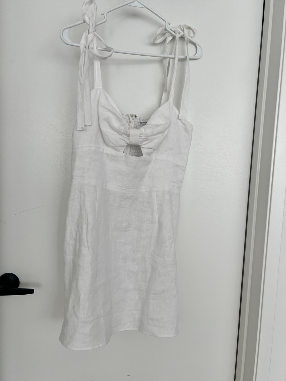 Reformation White Tie-Shoulder Linen Mini Dress